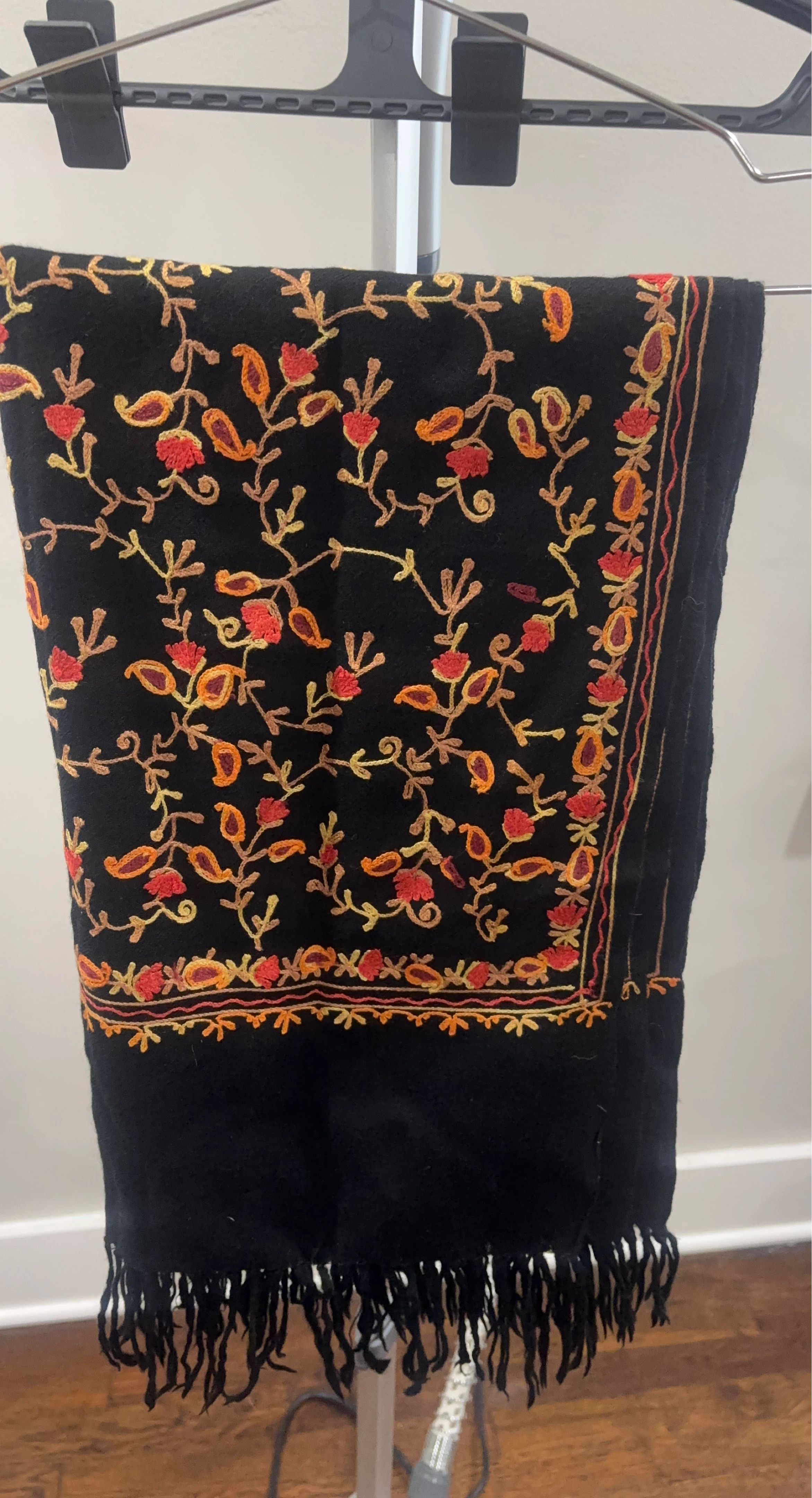 Oversized Embroidered Black Shawl/ Scarf with Floral Pattern