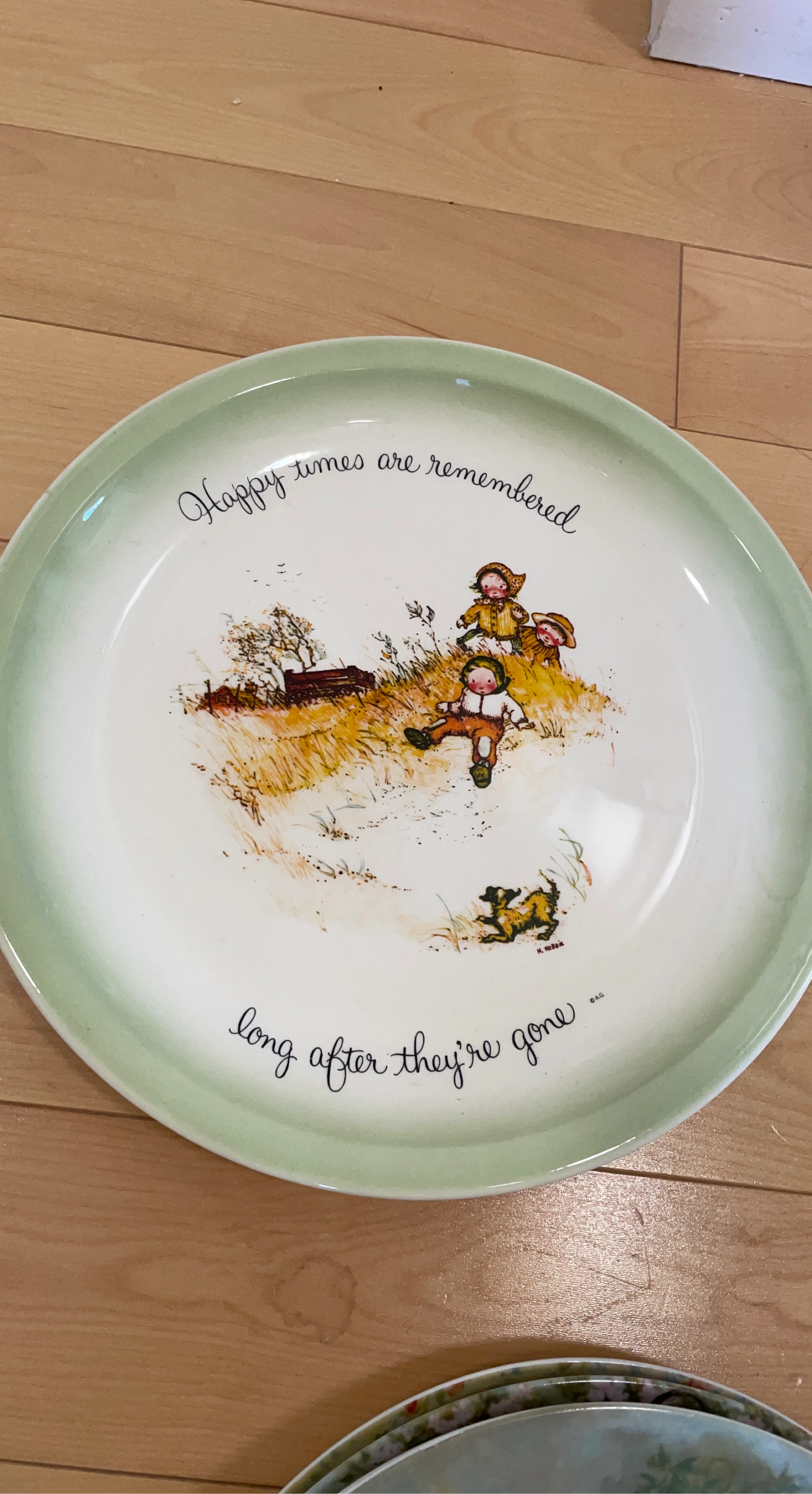 Decorative Plate with Children and Dog Illustration