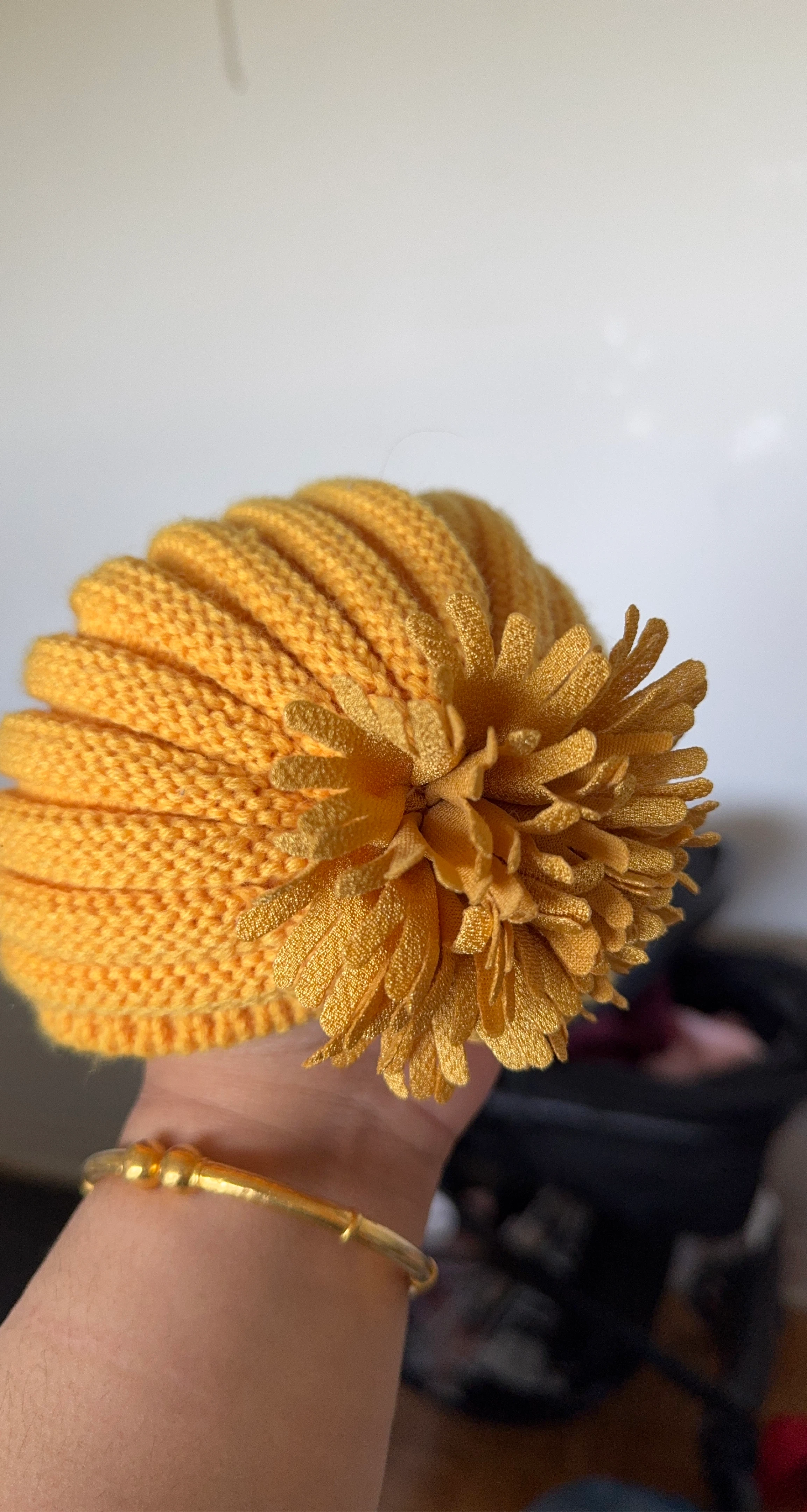 Yellow Knit Beanie with Flower Accent