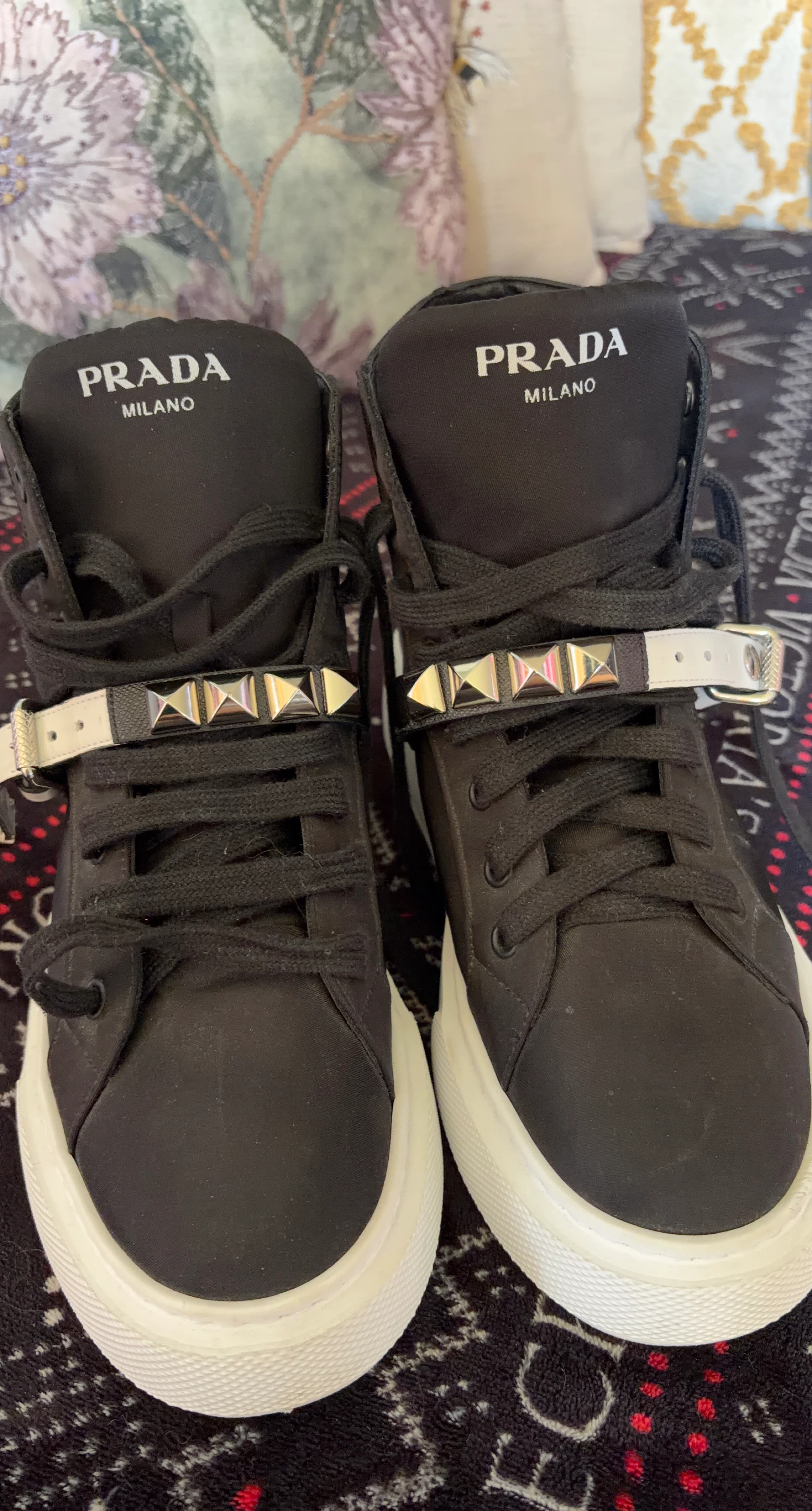 Prada Milano Black High-Top Sneakers with Studded Straps