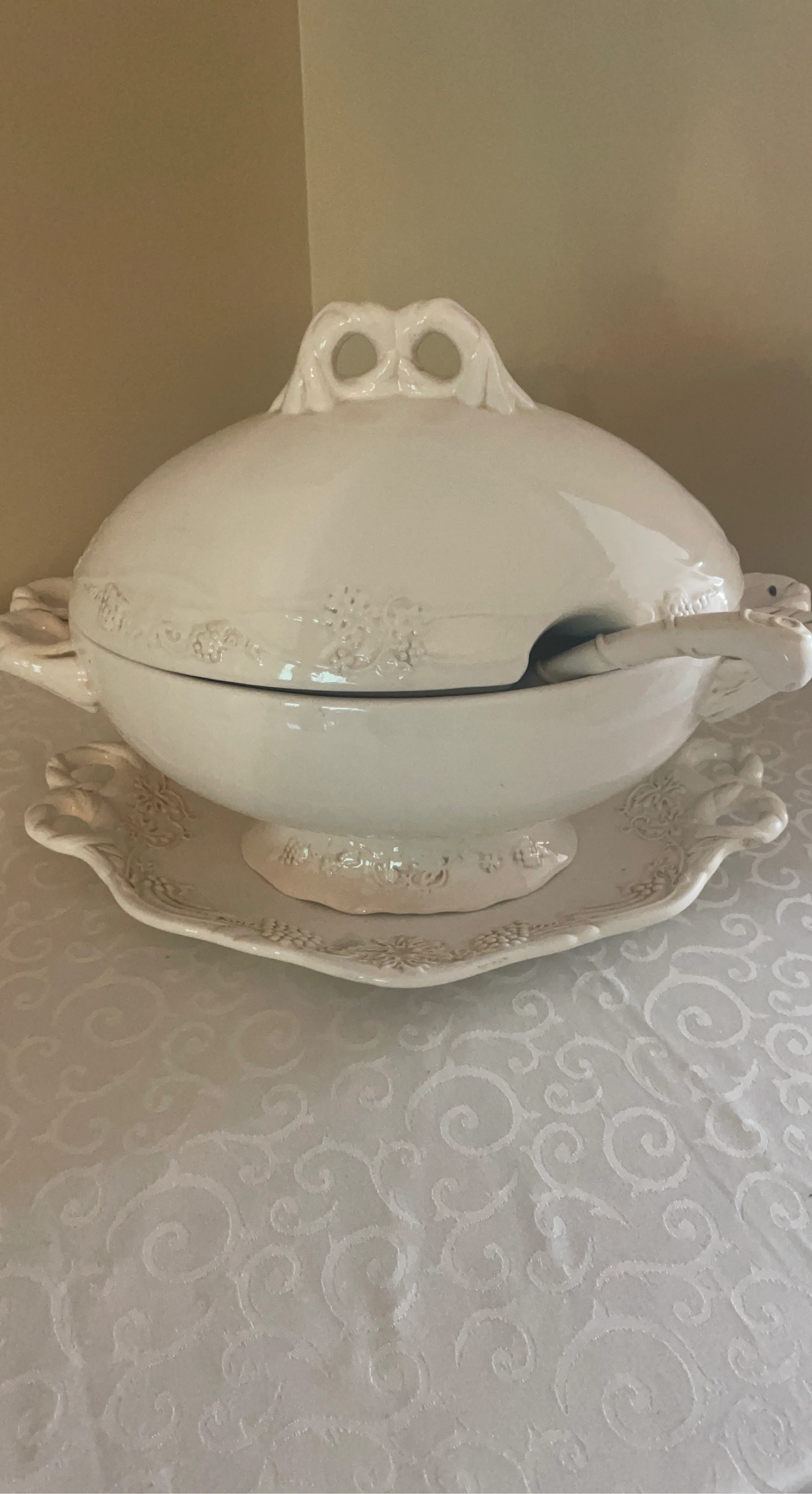 White Ceramic Tureen with Ladle and Platter