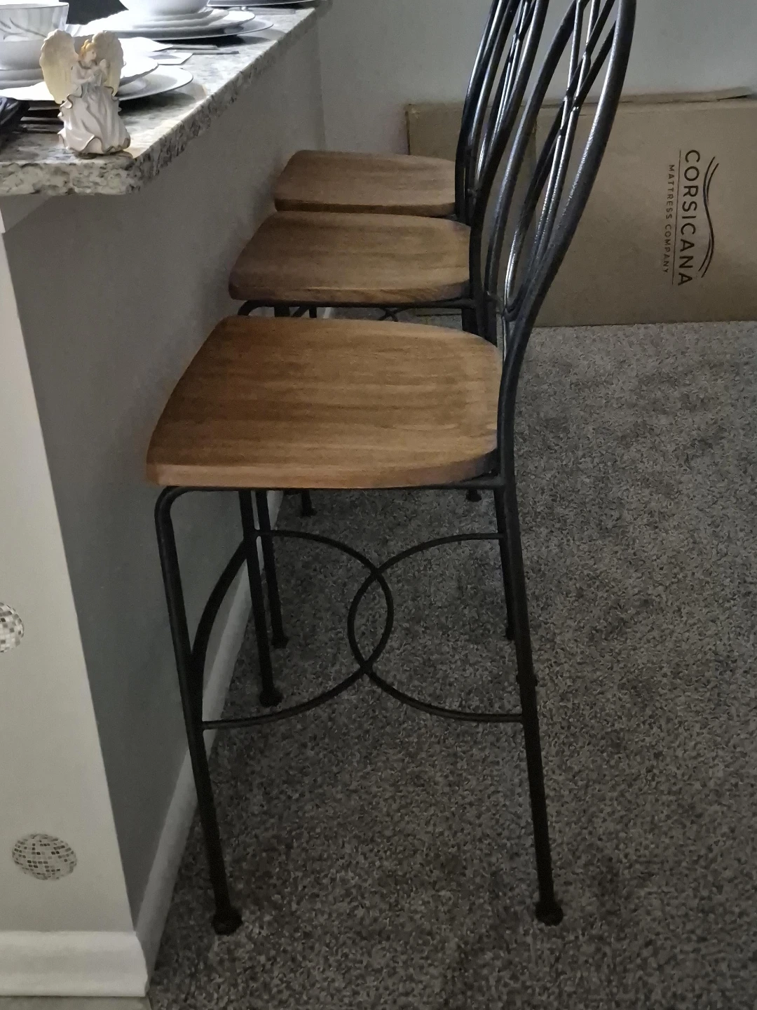 Set of 3 Wooden Seat Bar Stools