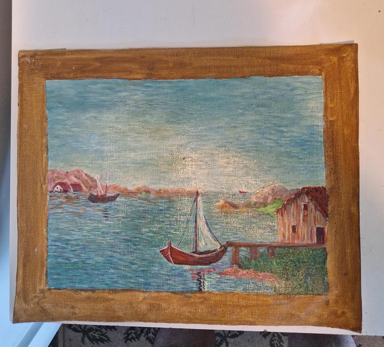 Vintage Seascape Oil Painting with Sailboat and Dock