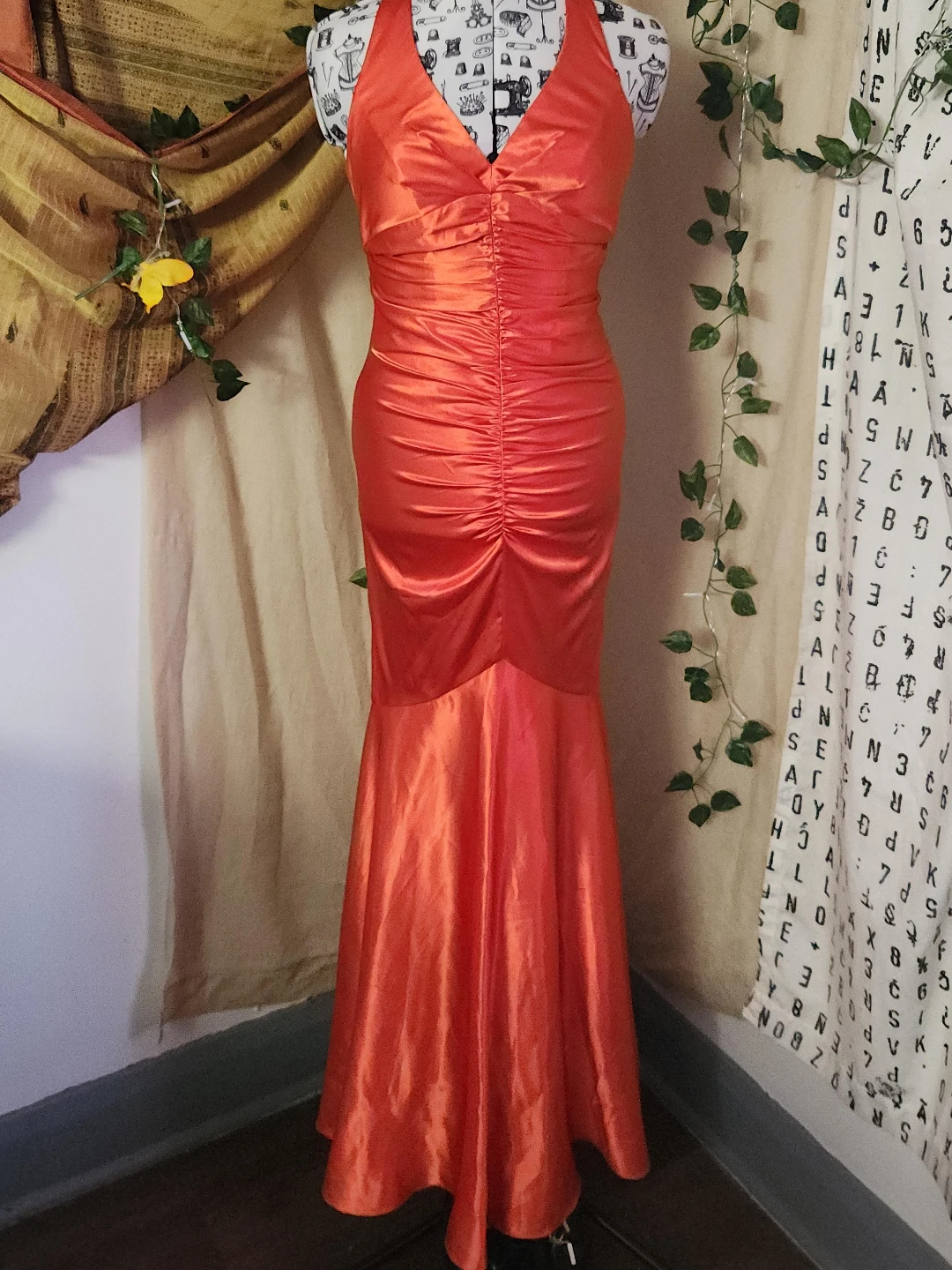Orange Ruched Halter Mermaid Gown
