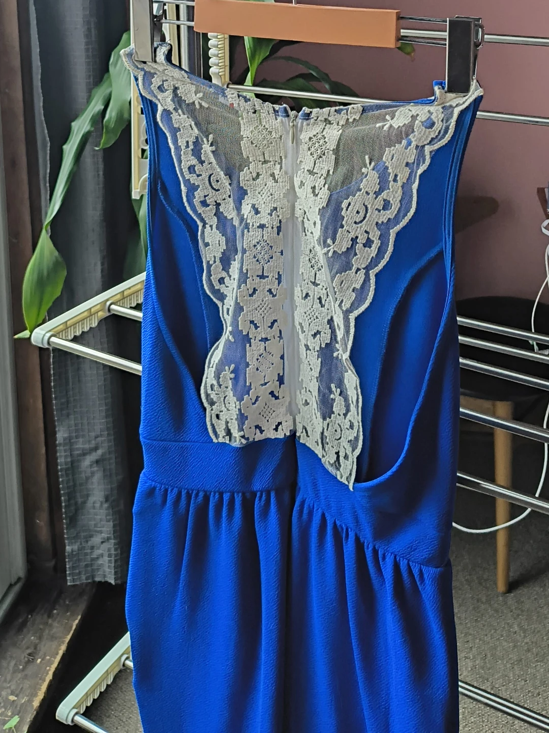 Blue Jumpsuit with White Lace Detail