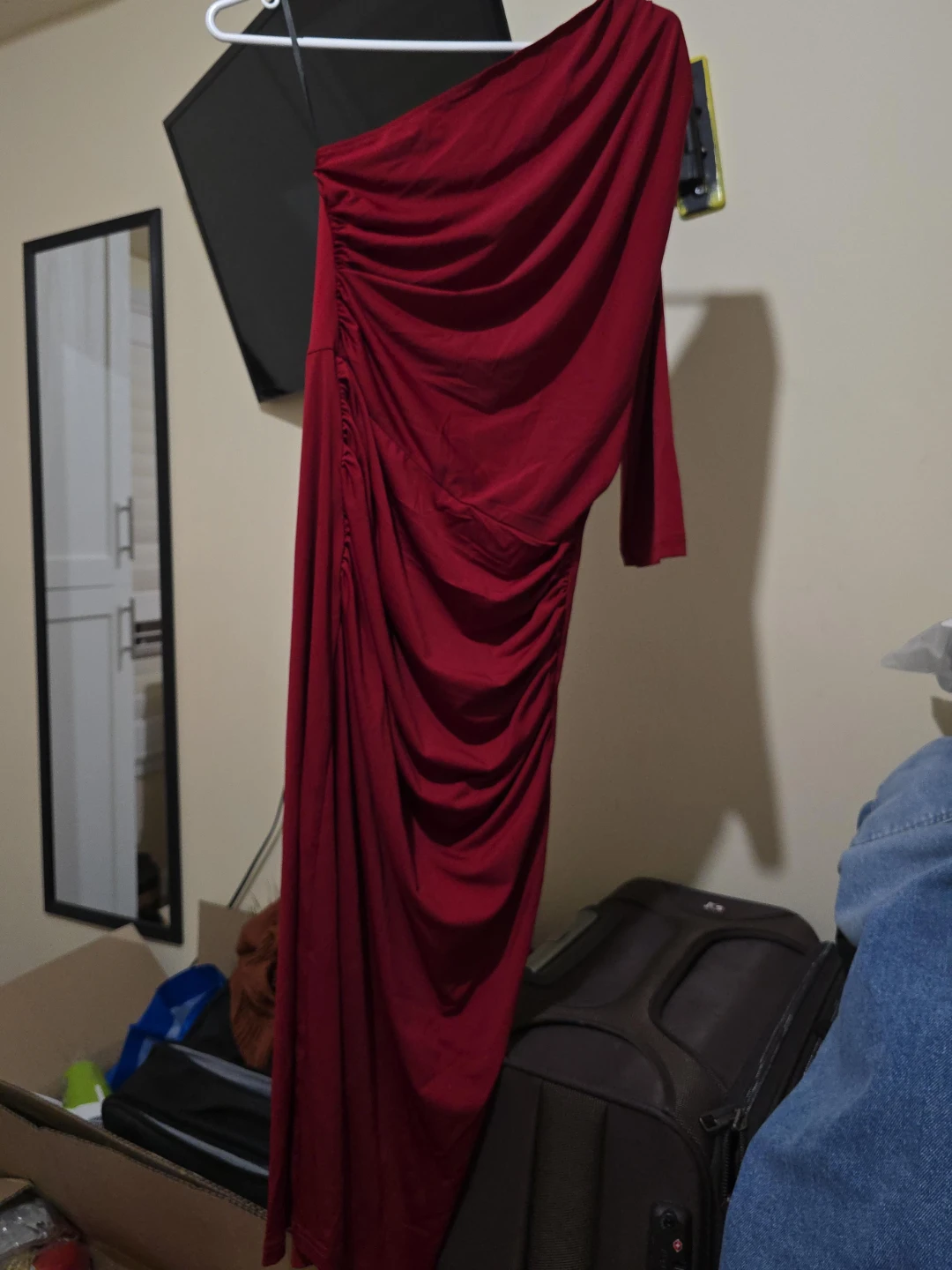Red One-Shoulder Ruched Maxi Dress