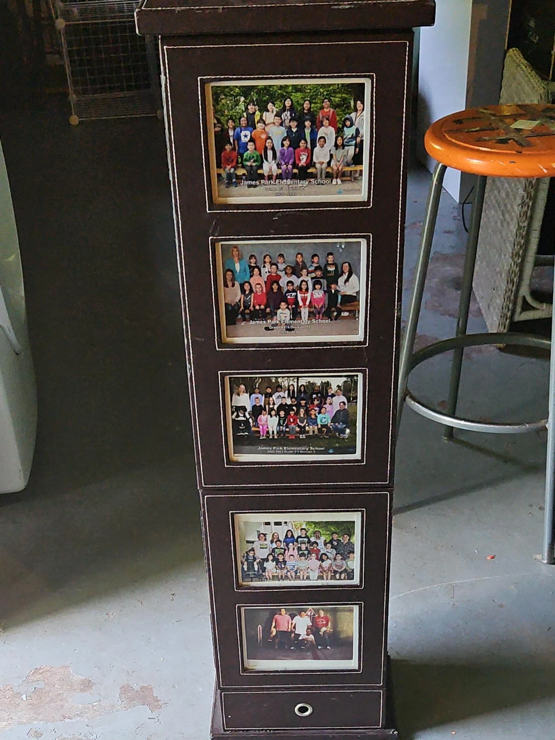 Dark Brown Faux Leather Photo Display Tower with Drawers