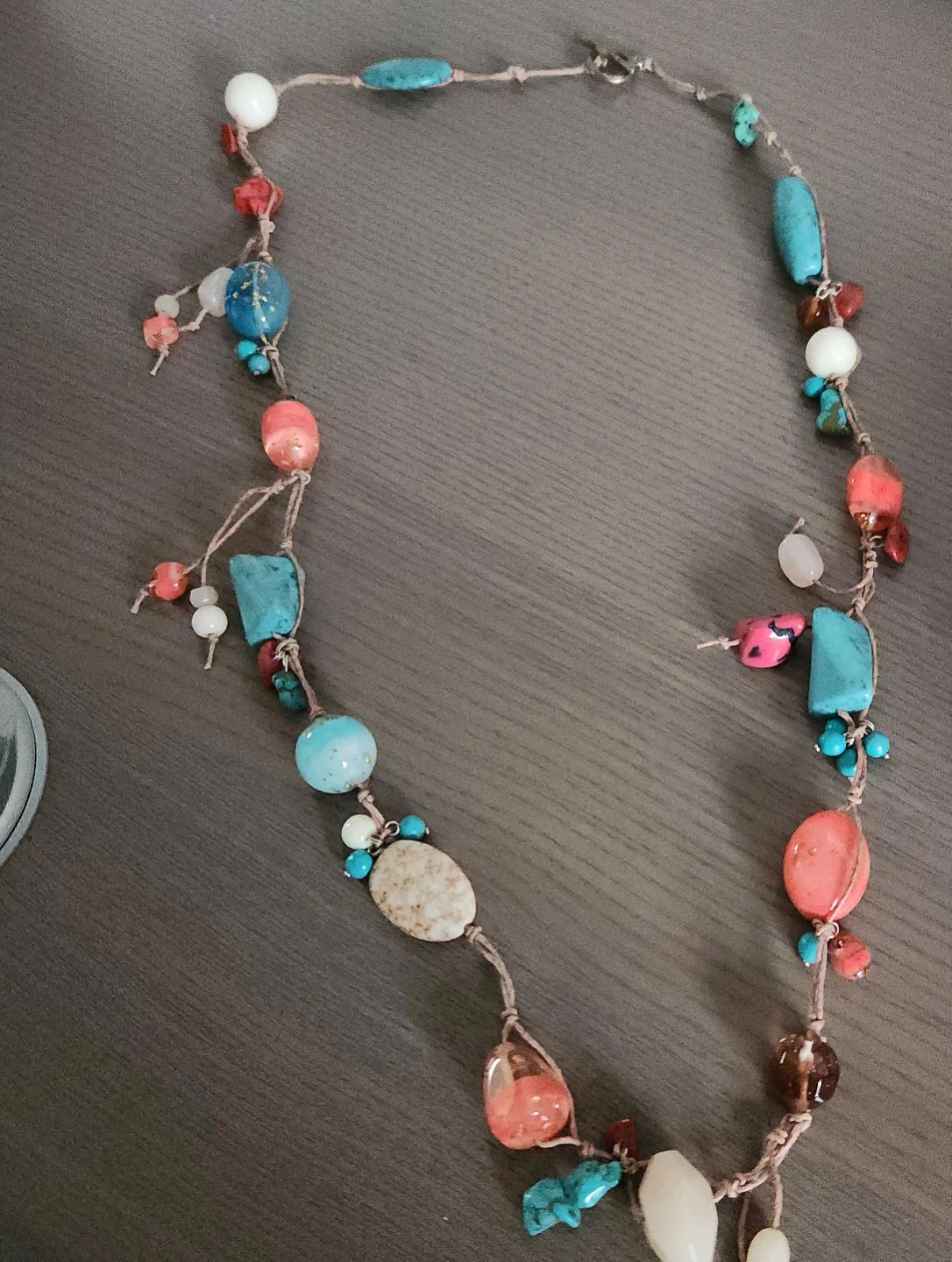 Beaded Necklace with Turquoise, Coral, and White Stones