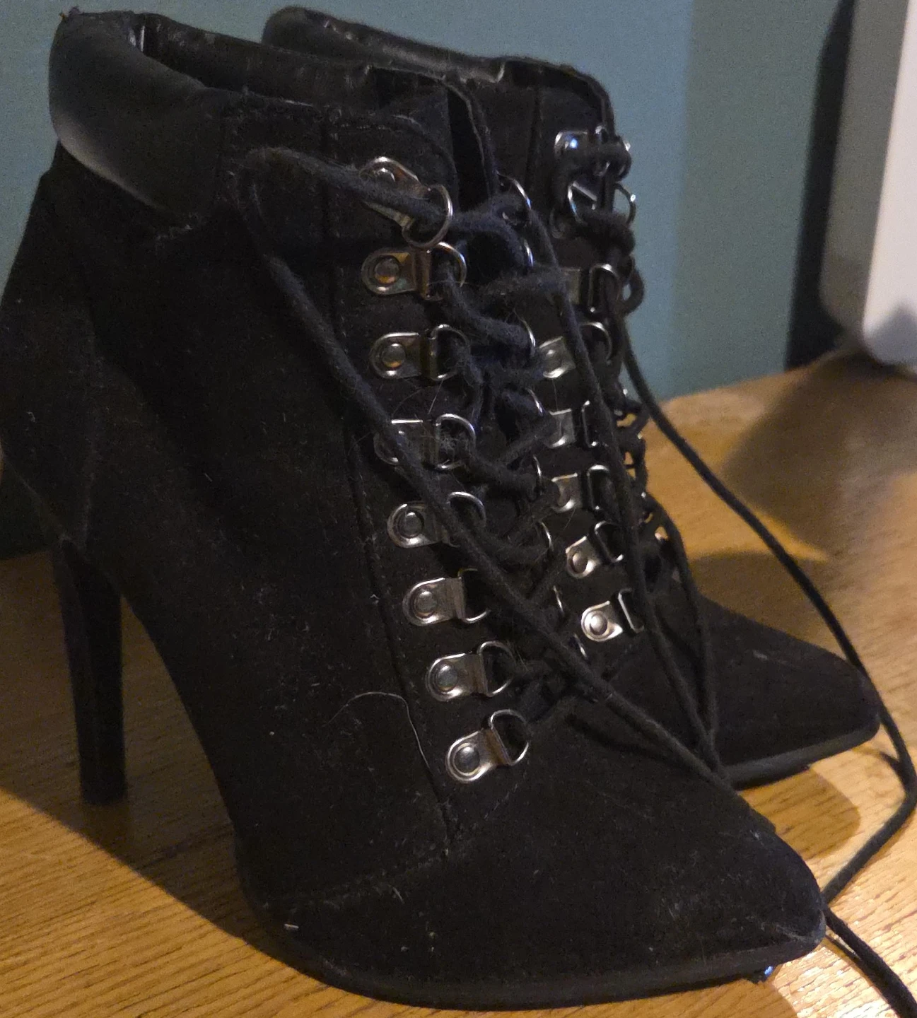 Black Lace-Up High Heel Ankle Boots