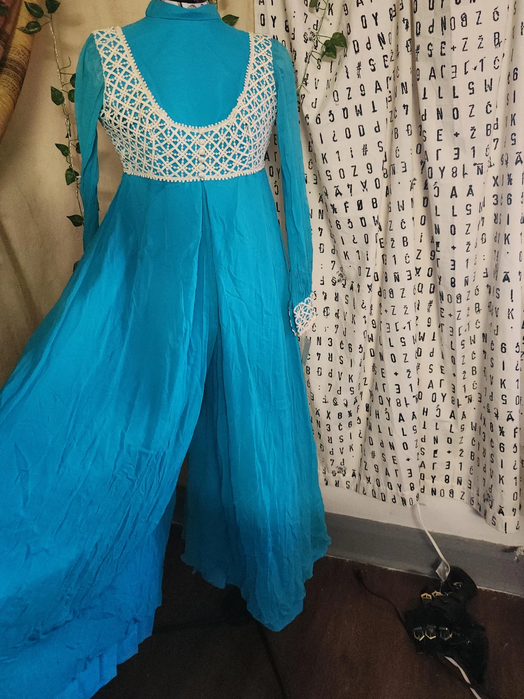 Turquoise Wide-Leg Jumpsuit with Crochet Bodice