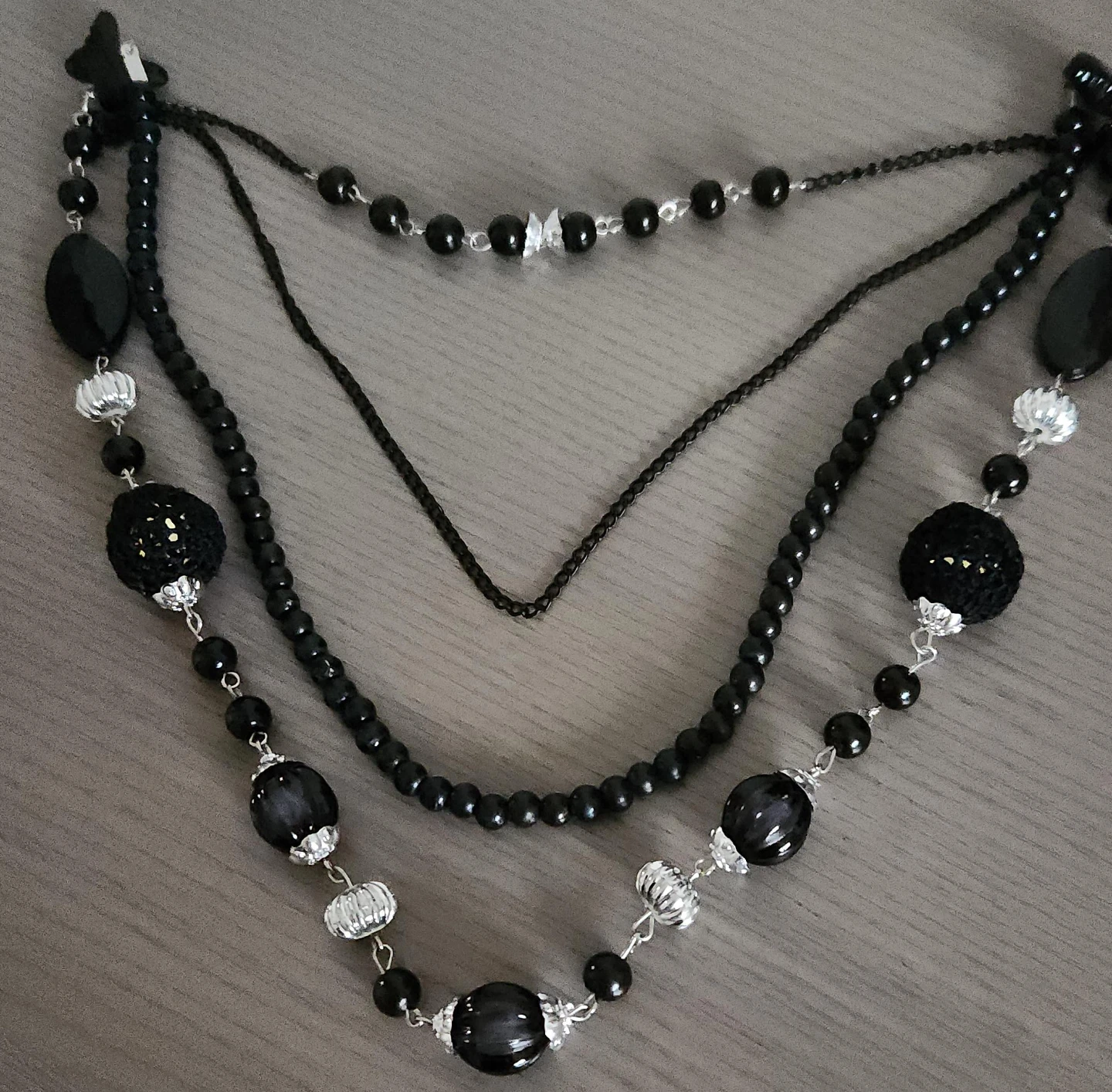 Black Multi-Strand Beaded Necklace with Silver Accents