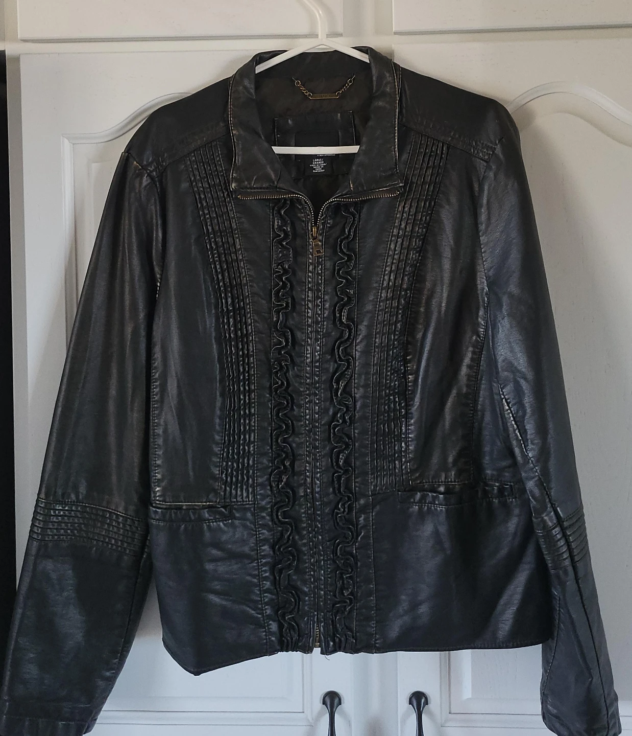 Black Faux Leather Jacket with Ruffle Detail - Size L