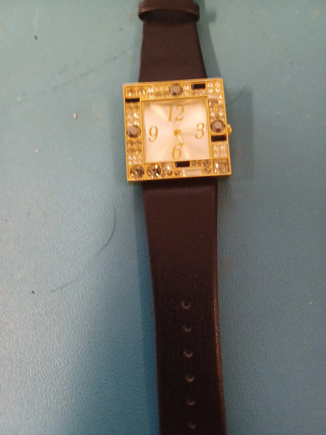 Square Gold-Tone Watch with Rhinestones and  Crystals