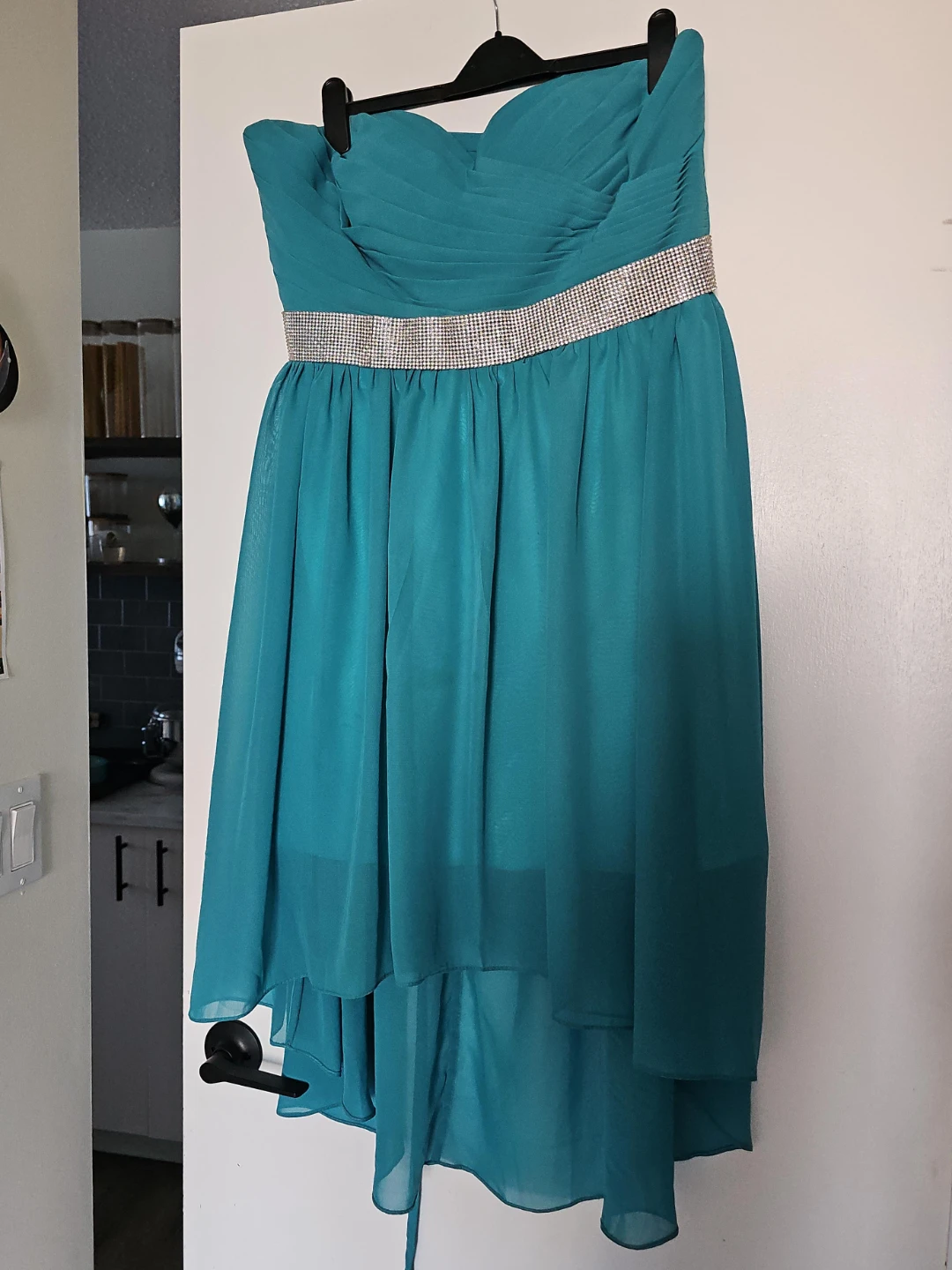 Teal Strapless High-Low Dress with Rhinestone Belt