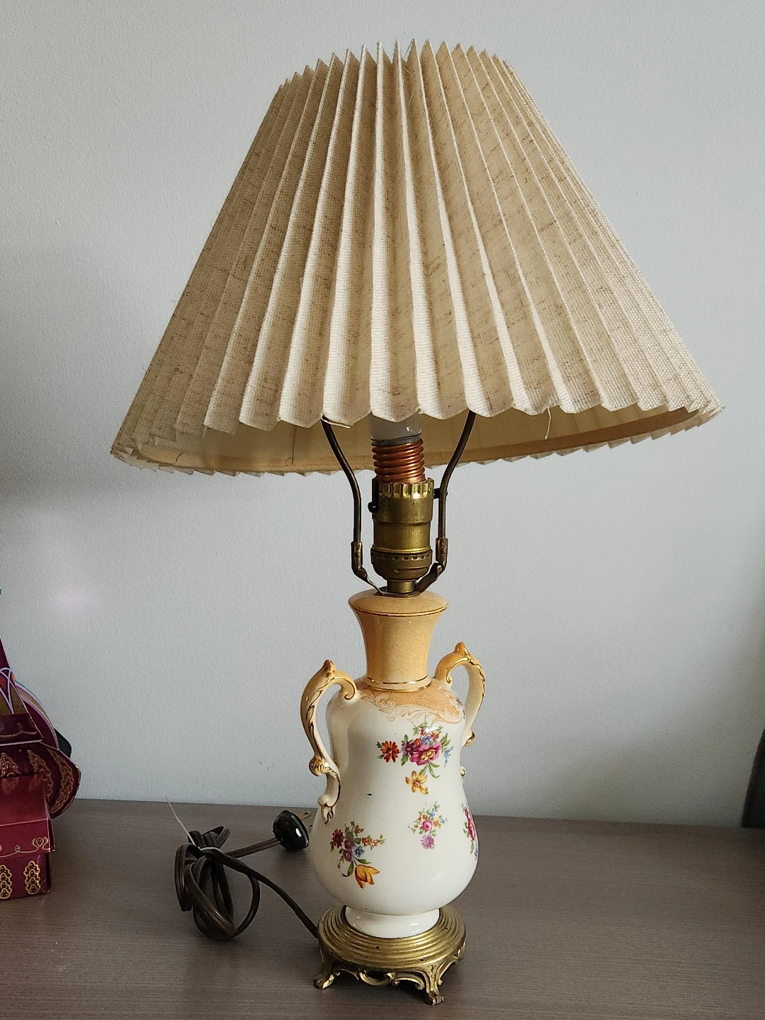 Vintage Floral Ceramic Table Lamp with Pleated Shade