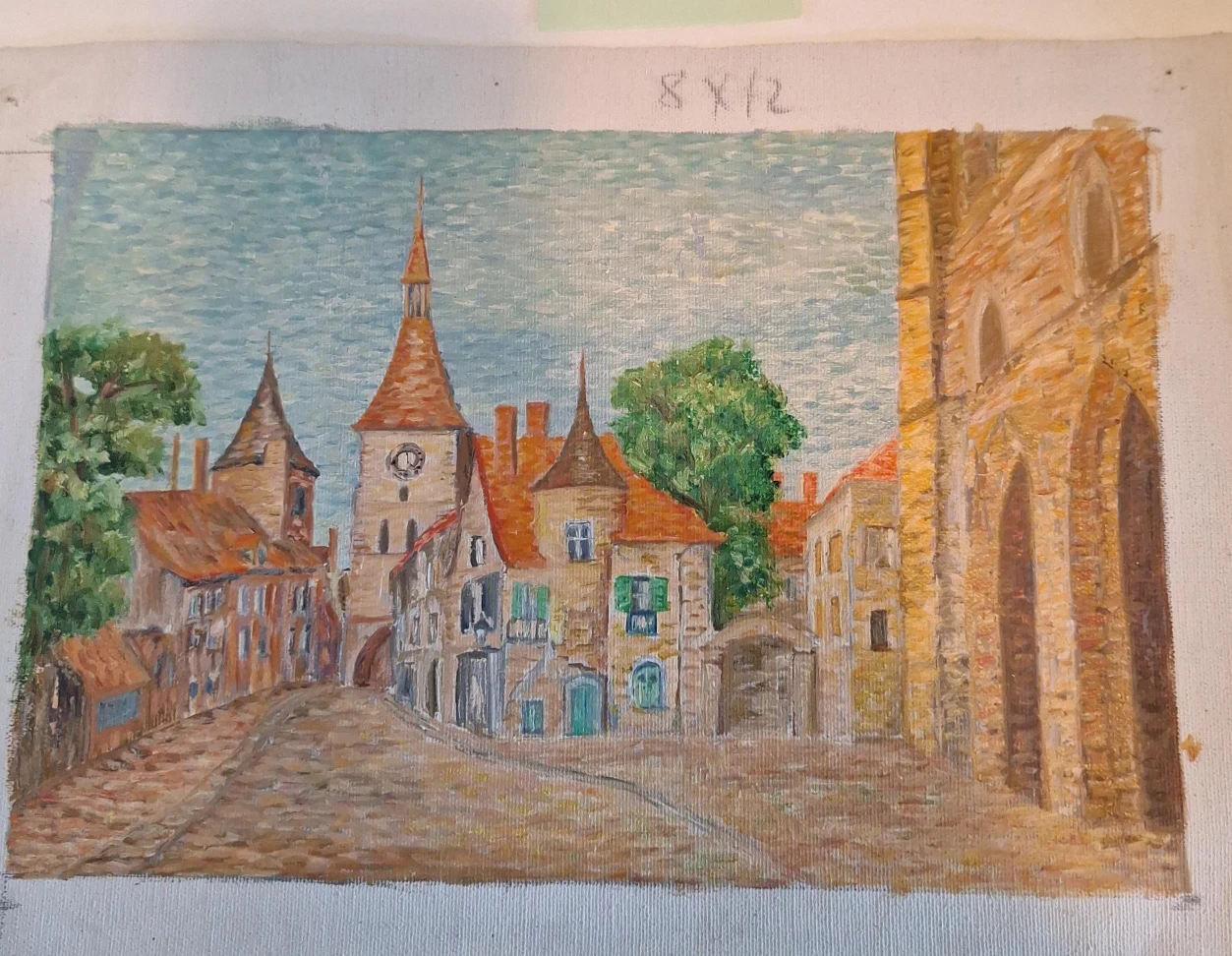 8x12 Landscape Painting of European Town Square