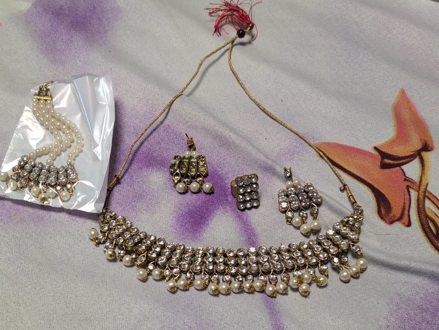 Gold Toned Choker Necklace Set with Earrings and Ring