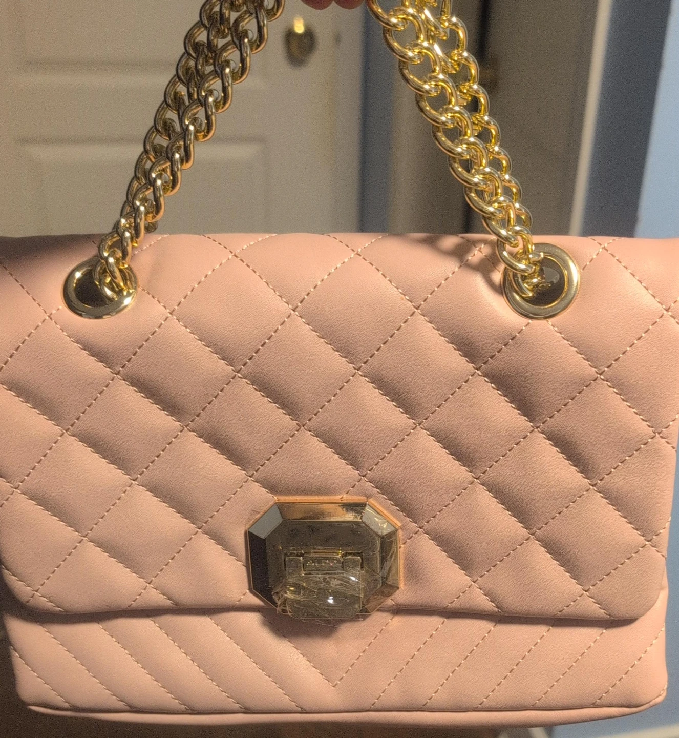 Pink Quilted Shoulder Bag with Gold Chain
