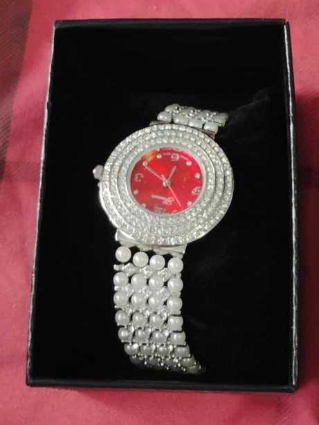 Geneva Rhinestone & Pearl Watch - Red Dial