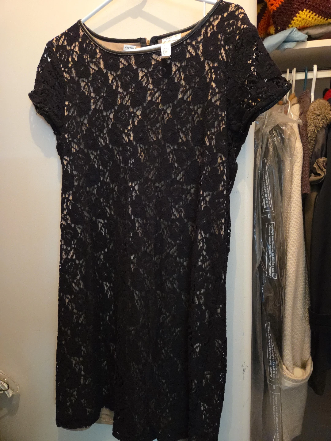 Black Lace Dress with Faux Leather Trim
