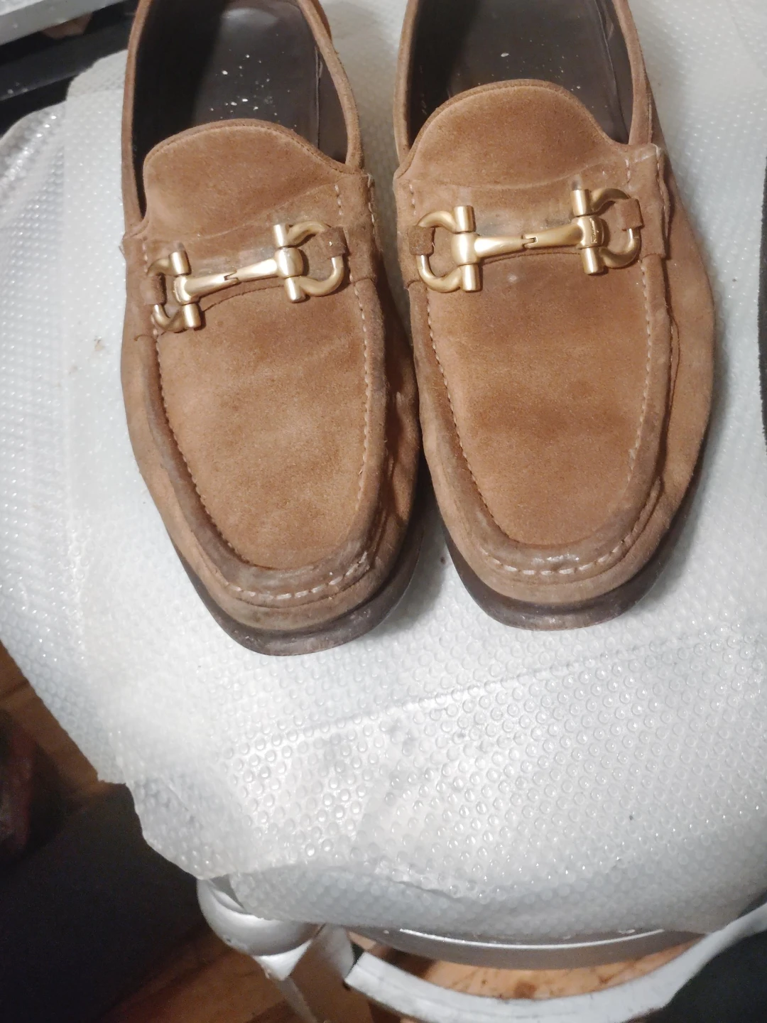 Brown Suede Loafers with Gold Buckle