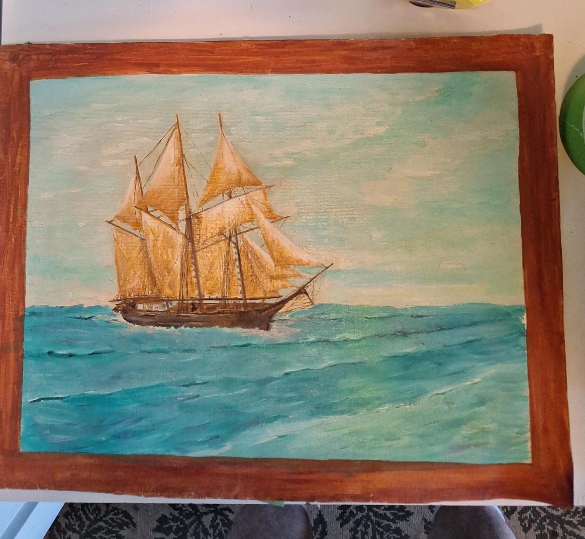 Vintage Painting of a Tall Ship at Sea