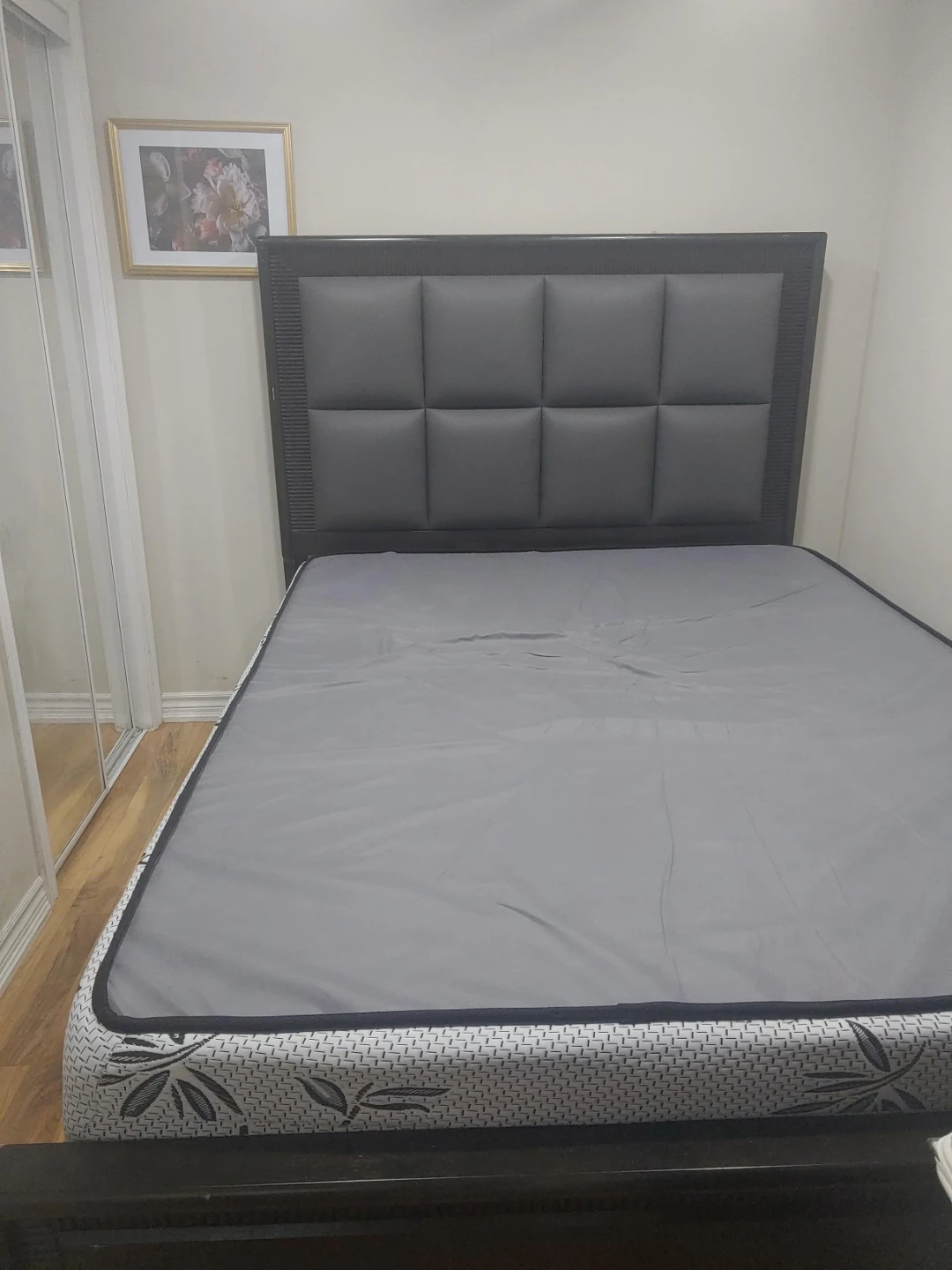 Grey Upholstered Headboard Bed Frame with Mattress