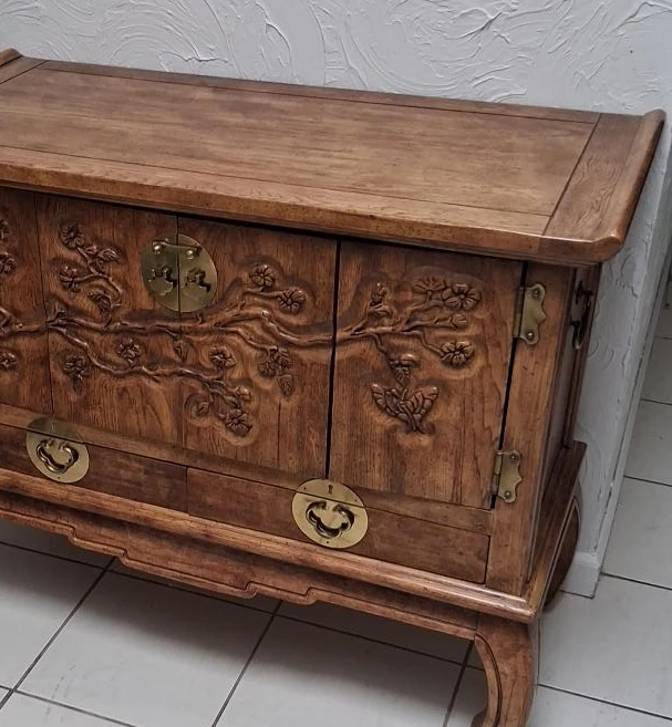 Carved Wooden Cabinet with Brass Hardware