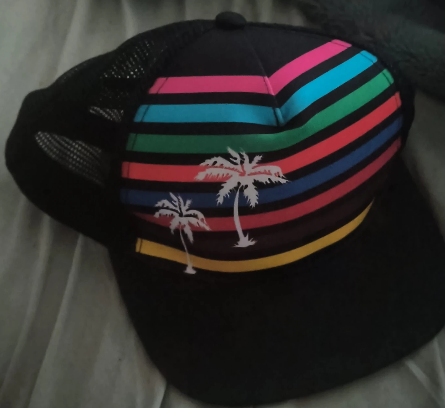 Colorful Striped Trucker Hat with Palm Trees
