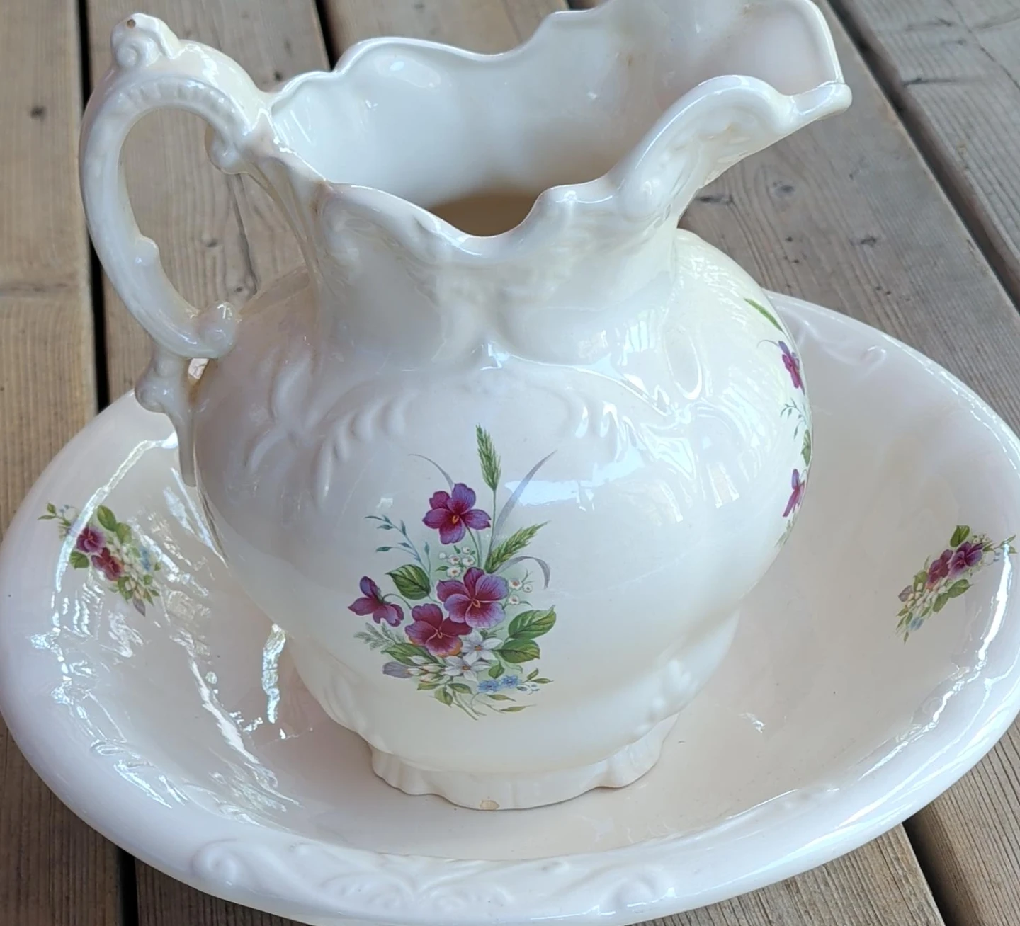 Vintage Ceramic Wash Basin and Pitcher Set with Floral Design