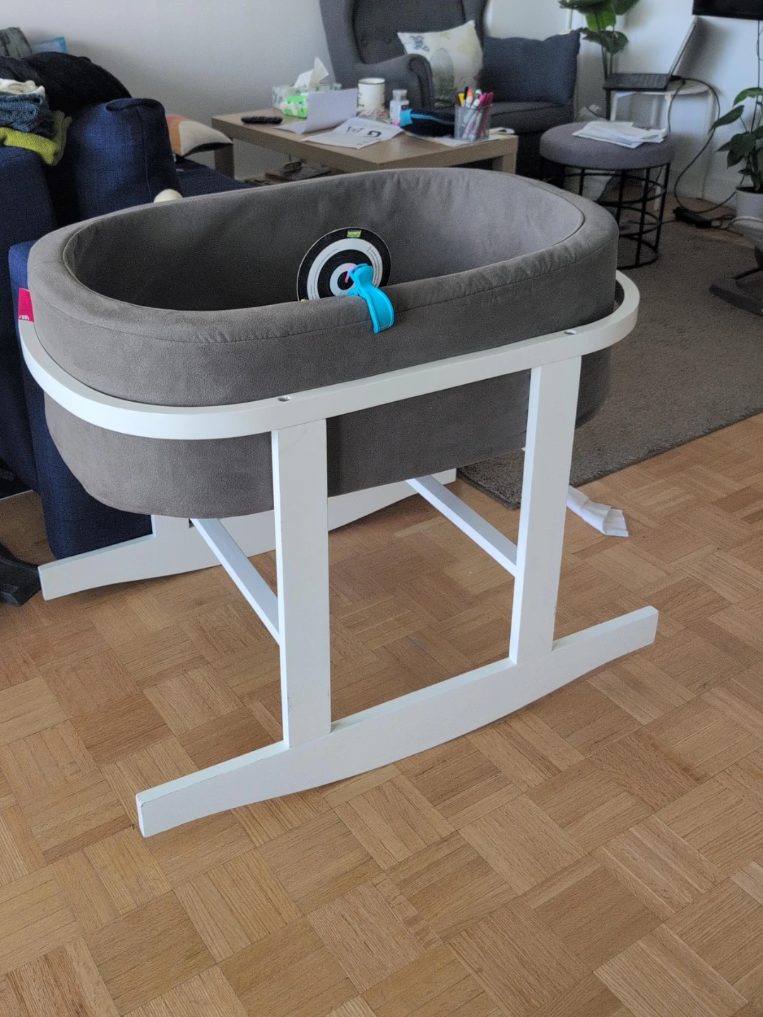 Grey Moses Basket with White Rocking Stand