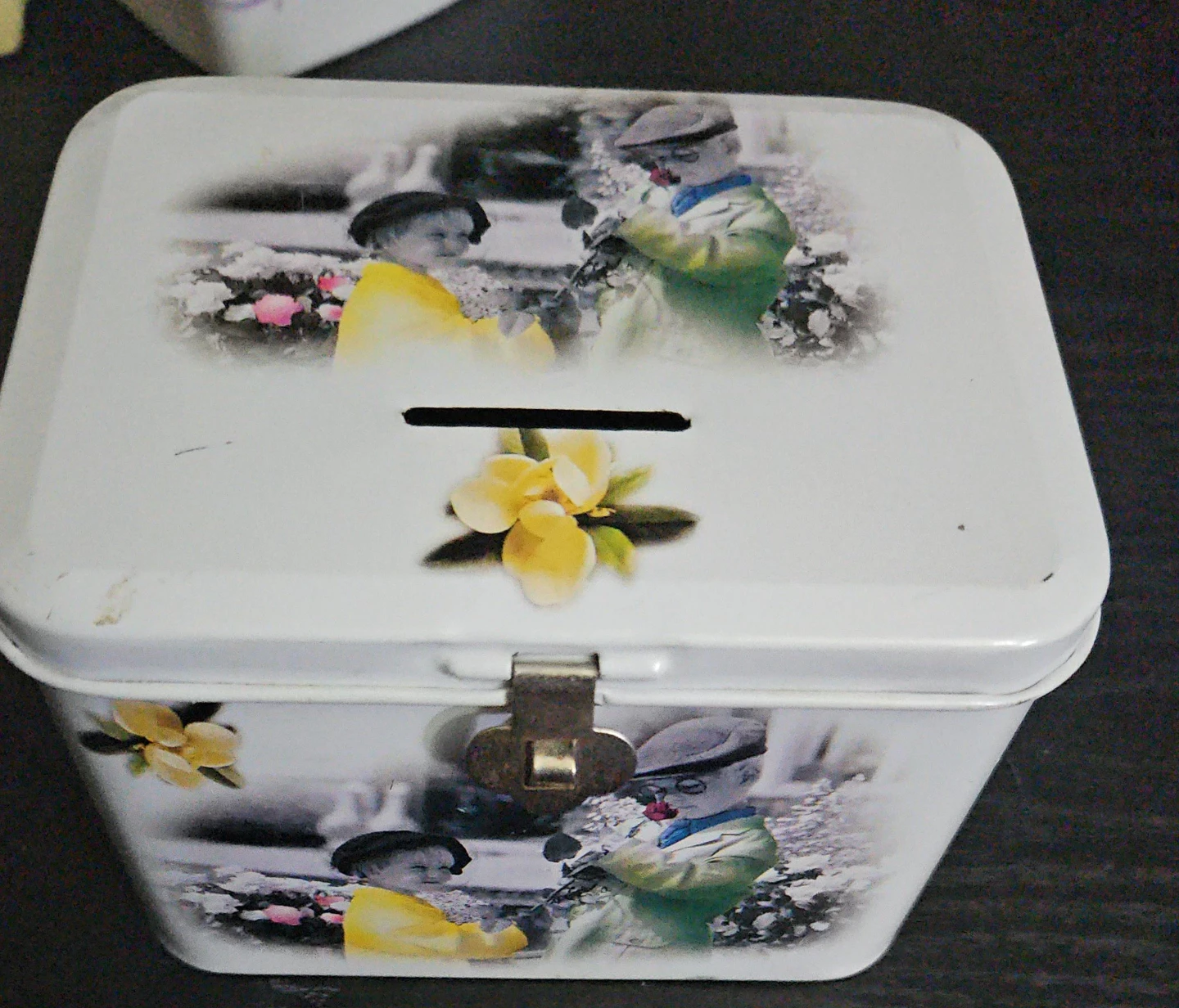 Vintage Tin Piggy Bank with Lock