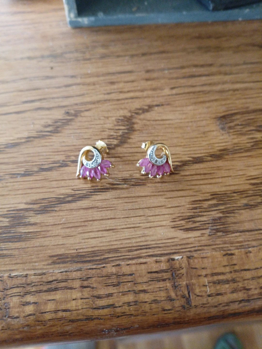 Gold Tone Ruby and Diamond Cluster Earrings