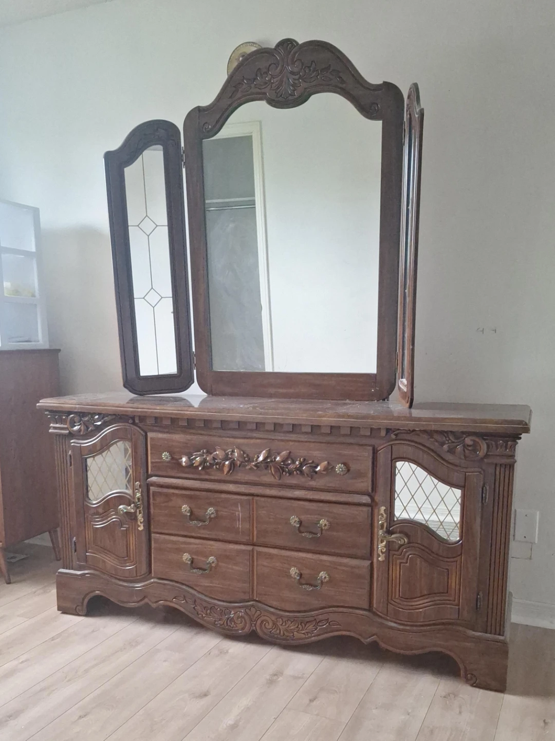 Vintage Wooden Dresser with Tri-Fold Mirror