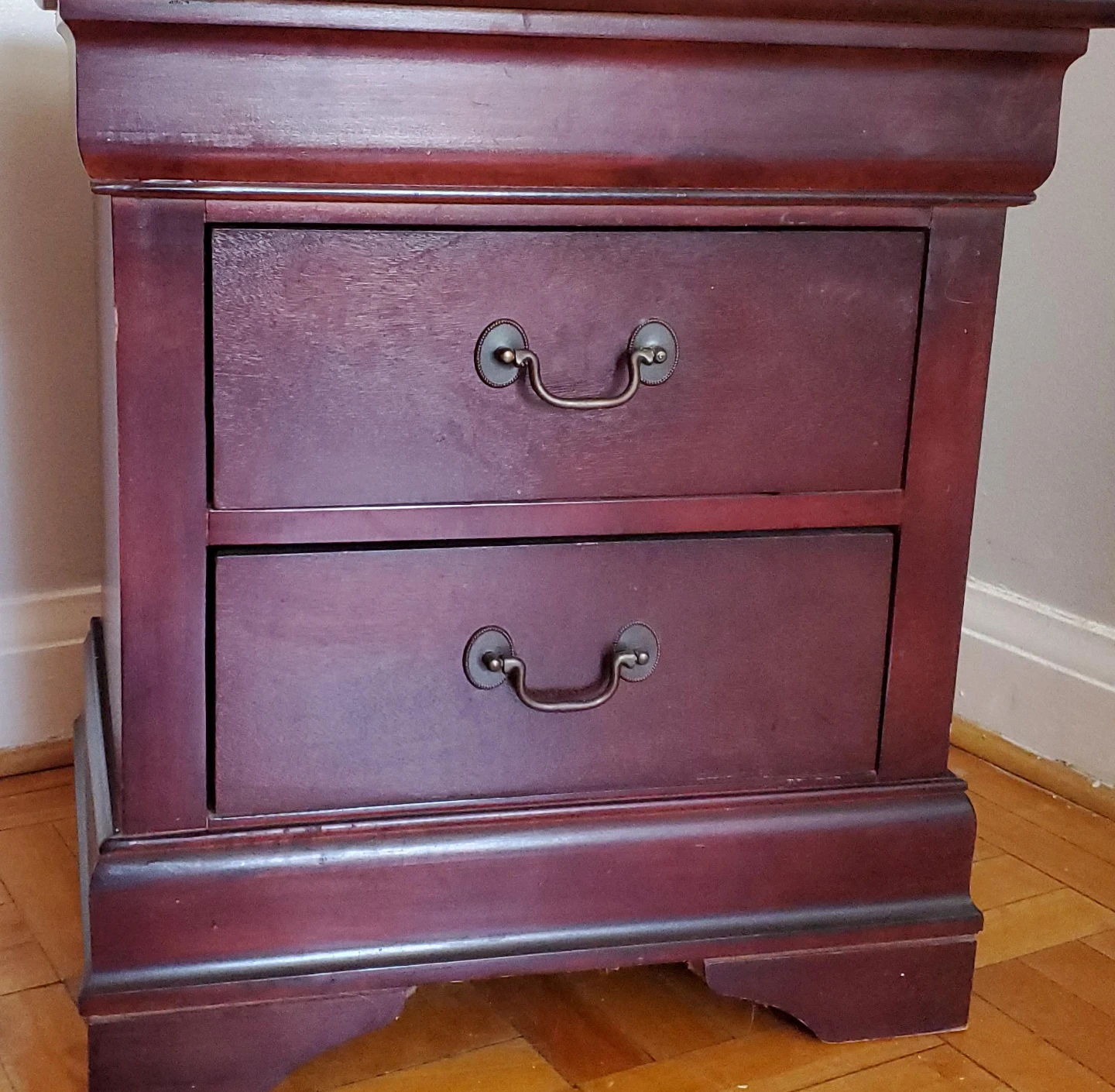 Dark Cherry Wood Nightstand with Two Drawers