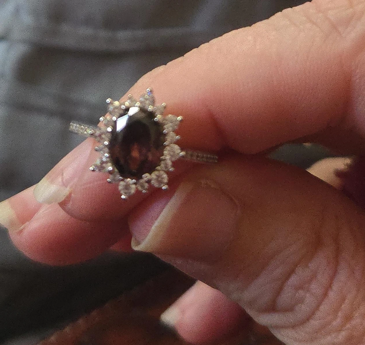 Oval Smoky Quartz & White Gem Halo Ring