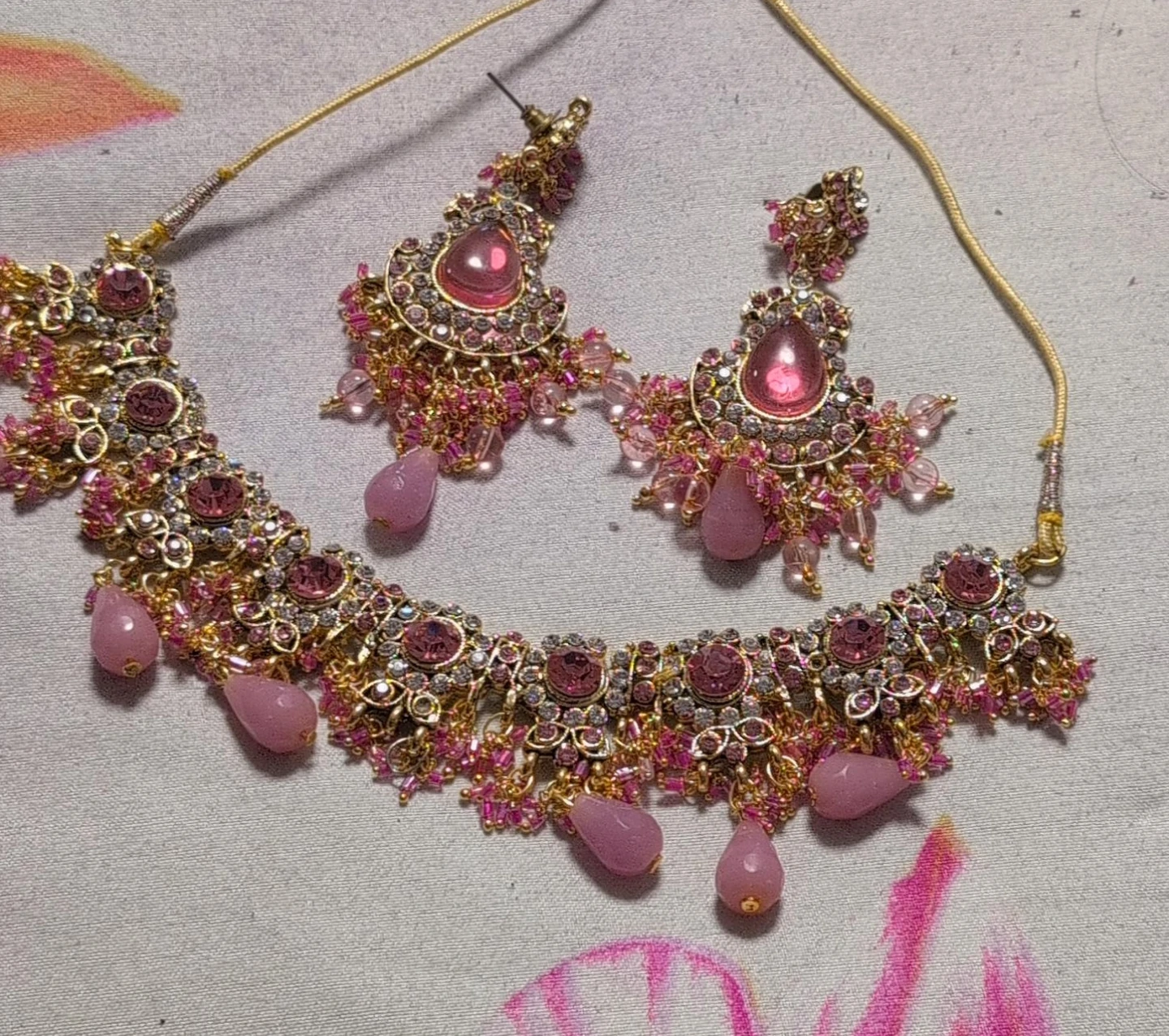 Pink Gemstone Choker Necklace and Earrings Set