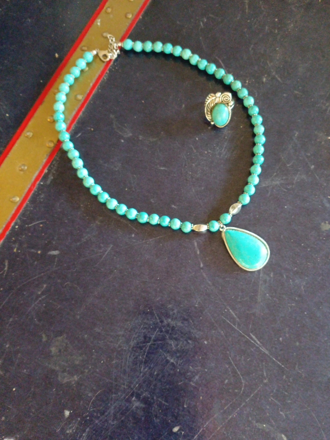 Turquoise Beaded Necklace and Ring Set