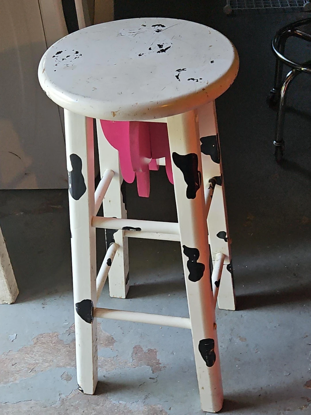 White Counter Stool with Cow Print and Pink Udder Design