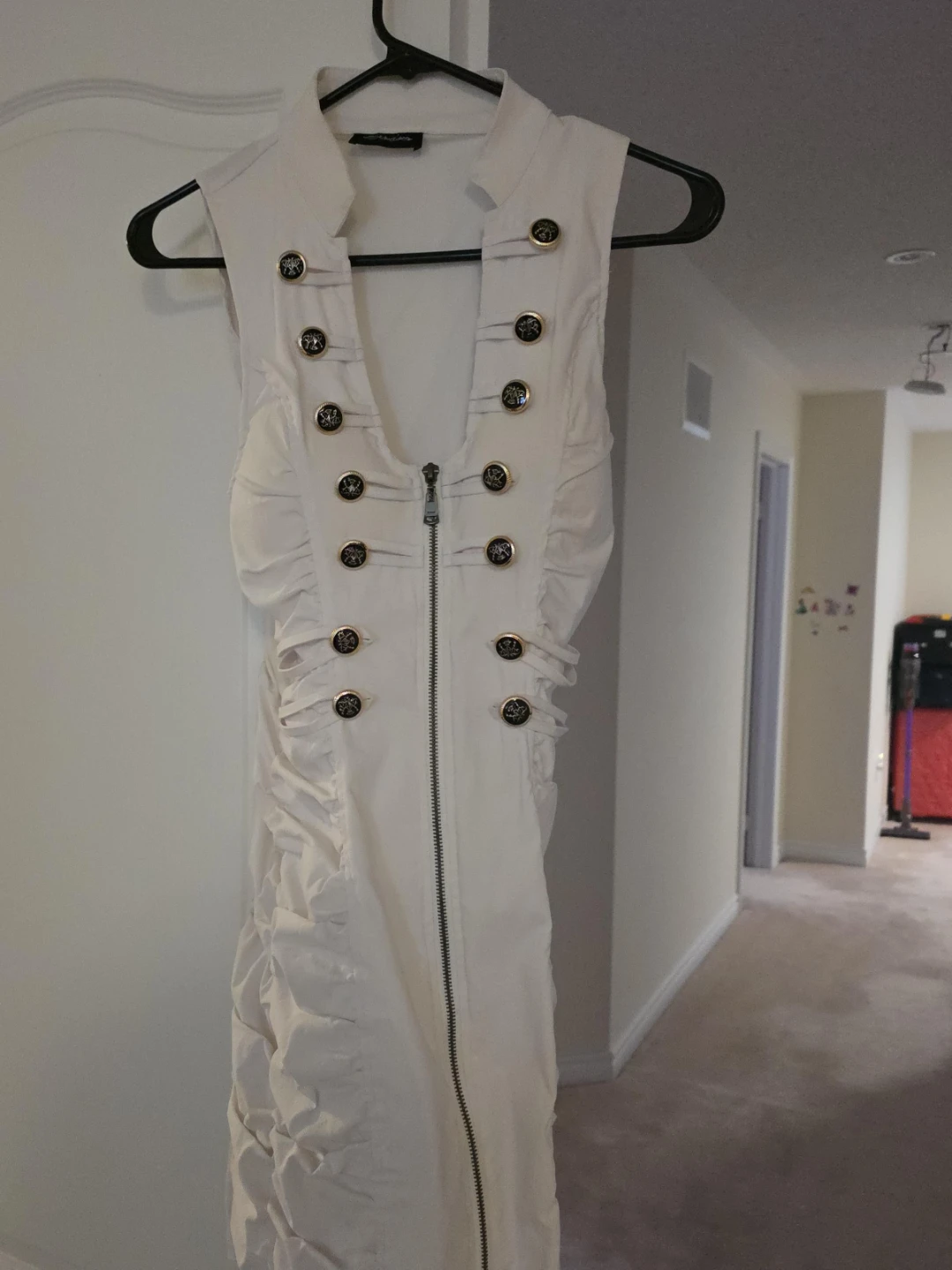 Cream Military Style Vest Dress with Gold Buttons