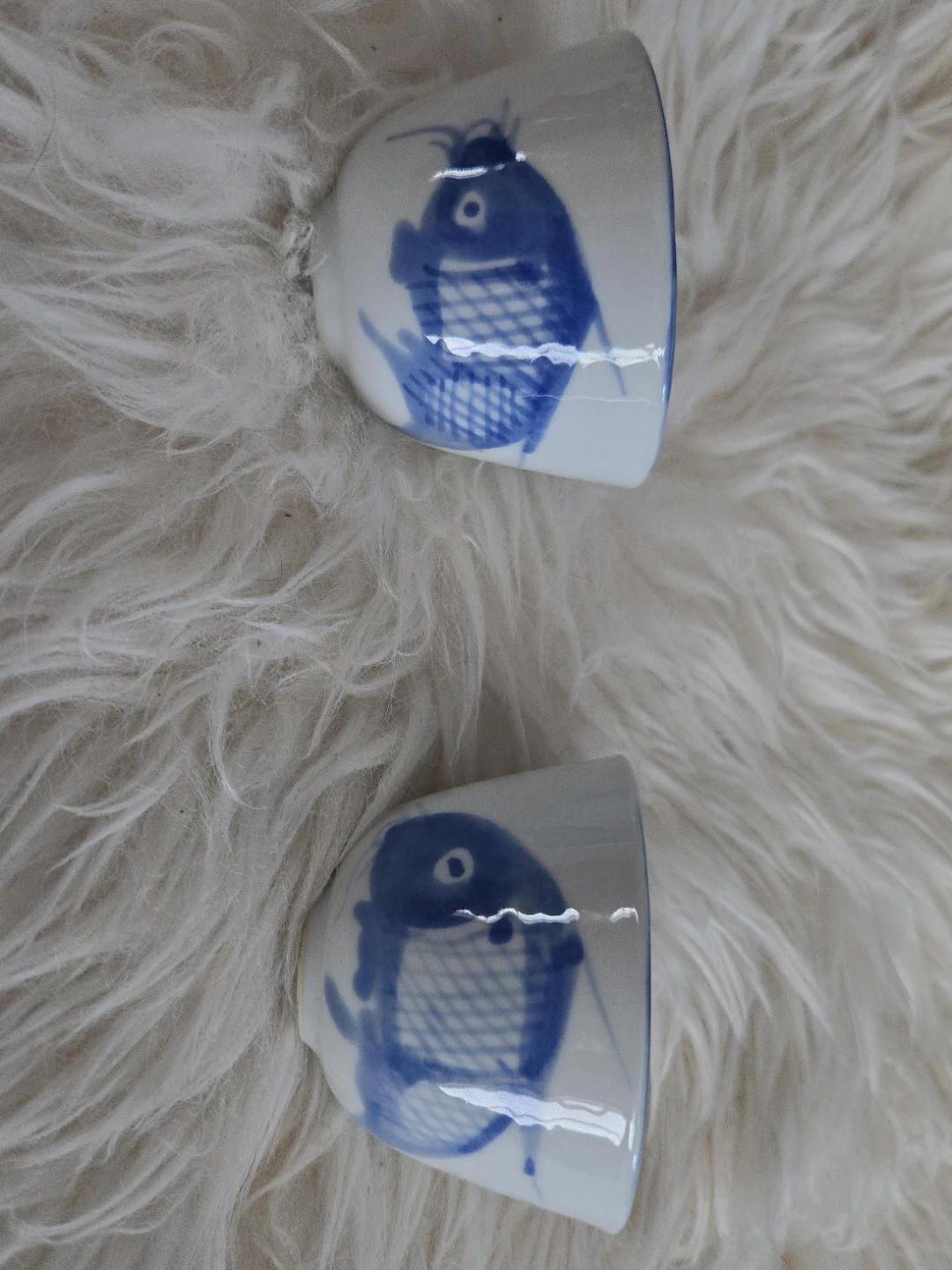 Set of 2 Blue & White Ceramic Cups with Fish Design