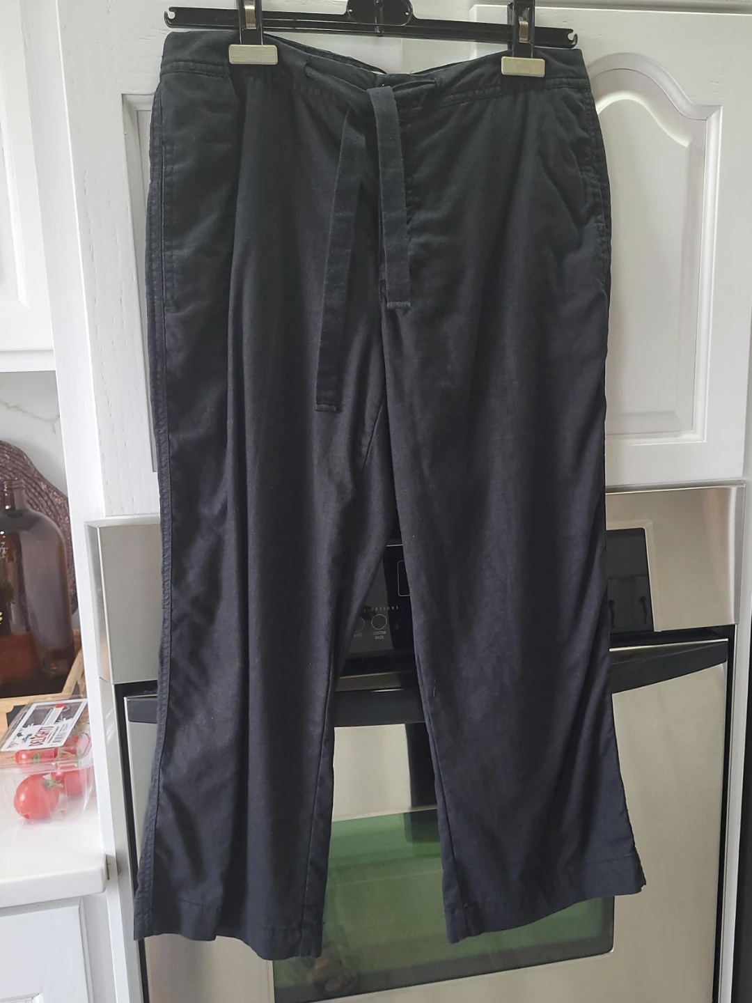Linen Cotton Black Tie-Waist Cropped Pants