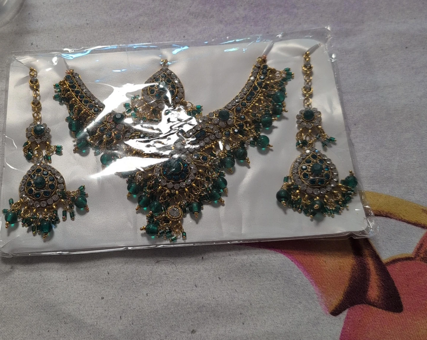 Gold Tone Emerald Green Necklace Set with Earrings and Tikka