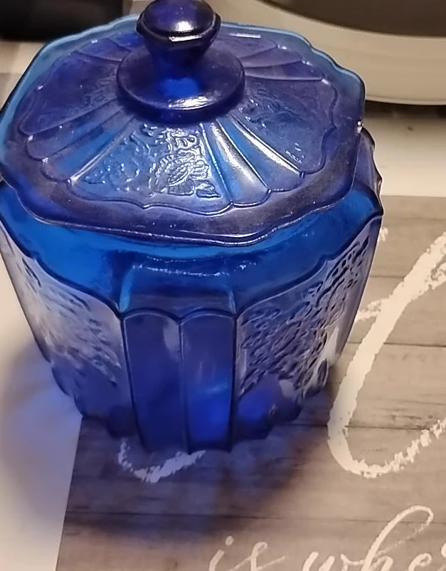 Blue Glass Embossed Candy Dish with Lid