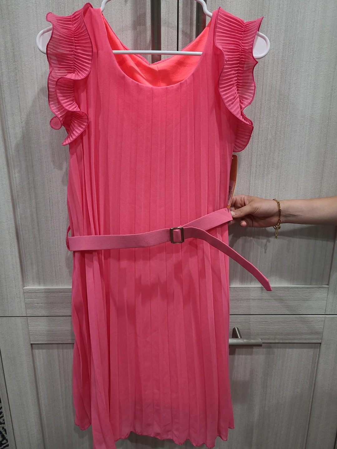 Pink Pleated Dress with Belt - Size M