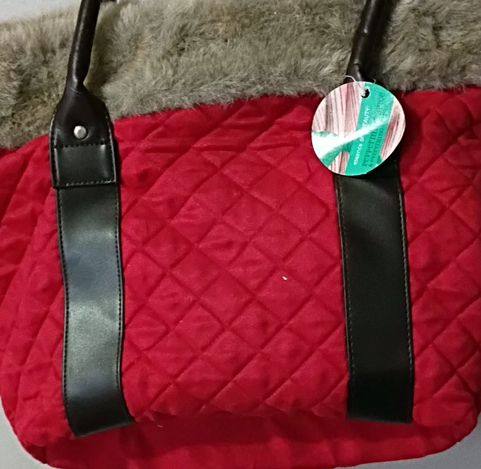 Red Quilted Tote Bag with Faux Fur Trim