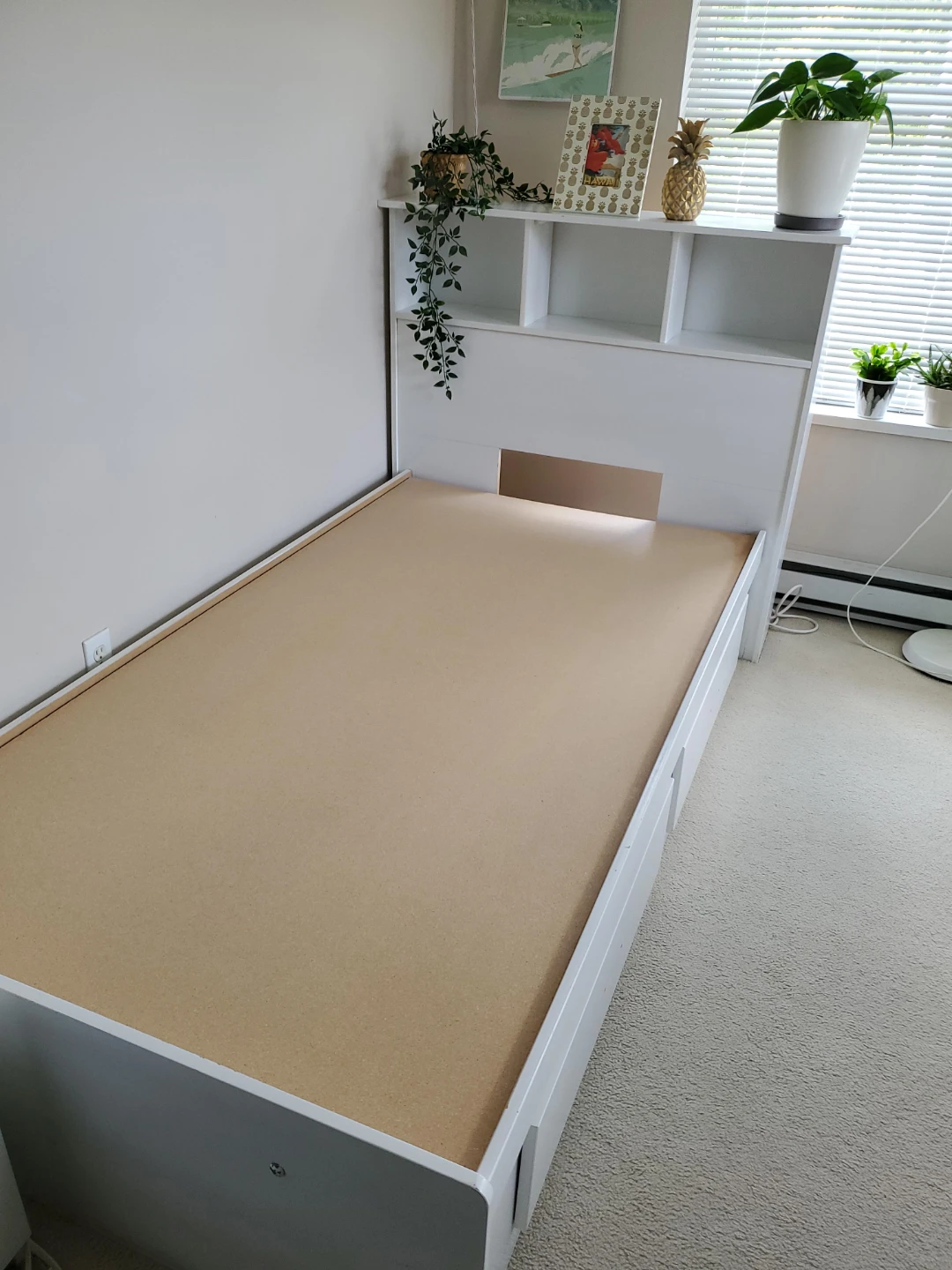 White Twin Bed Frame with Headboard and Drawers