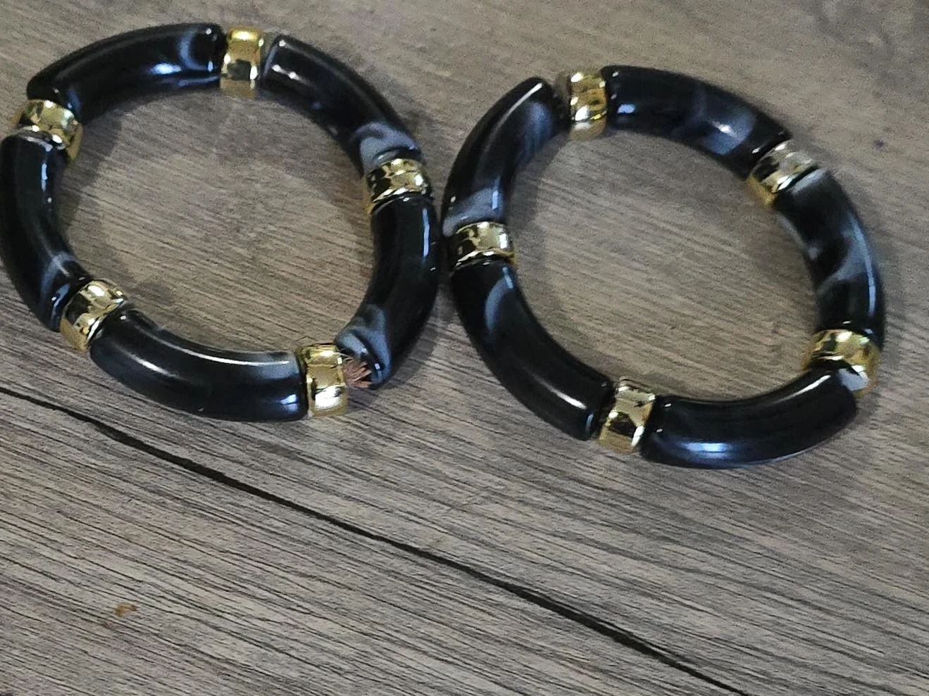 Set of 2 Black & White Marbled Tube Bracelets with Gold Accents