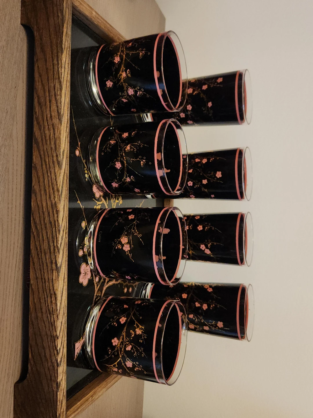 Set of 8 Black Glasses with Cherry Blossom Design