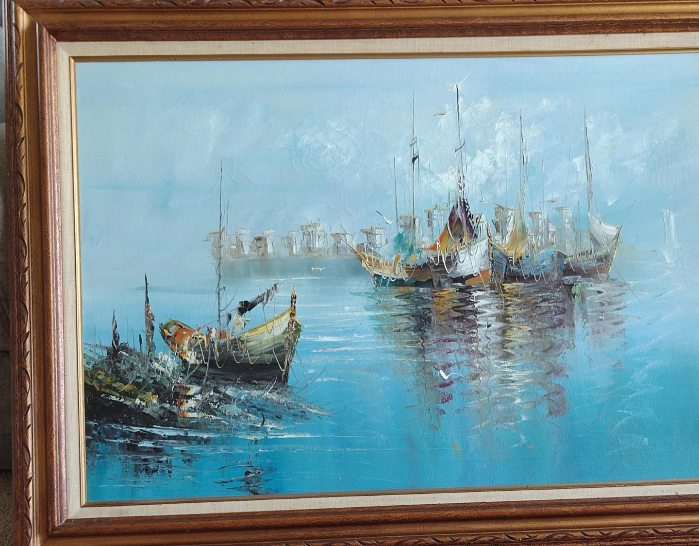 Framed Oil Painting of Sailboats in Harbor